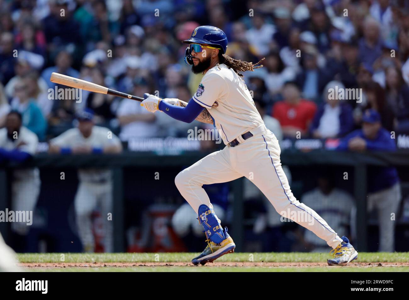 Seattle Mariners' J.P. Crawford runs to first on his RBI single against the  Oakland Athletics during the fourth inning of a baseball game Wednesday,  May 24, 2023, in Seattle. (AP Photo/John Froschauer