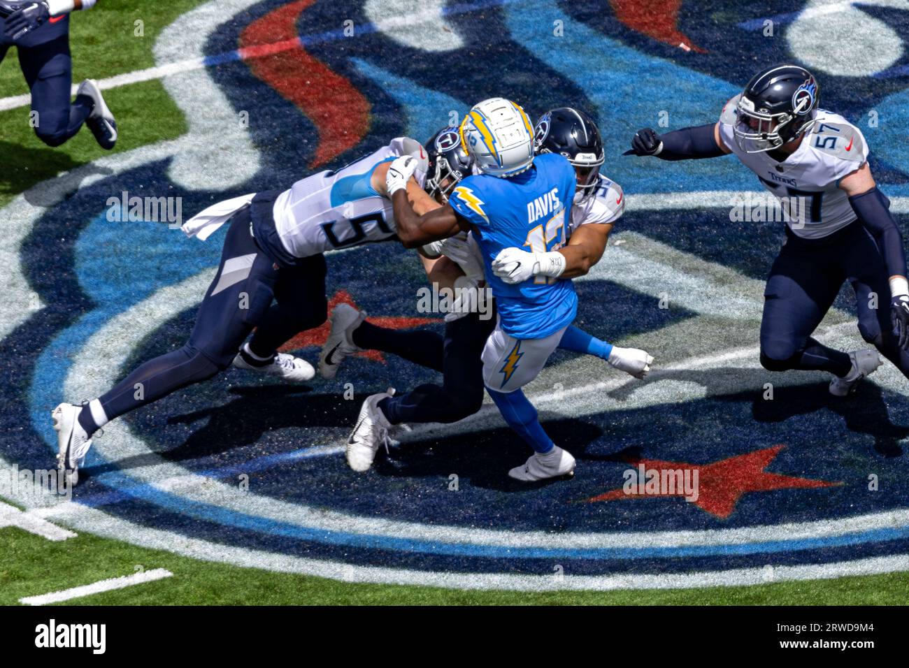 New Orleans, USA. 10th Sep, 2023. Tennessee Titans linebacker Jack Gibbens  (50) and defensive tackle Jeffrey Simmons (98) both tackle New Orleans  Saints running back Jamaal Williams (21) during a National Football