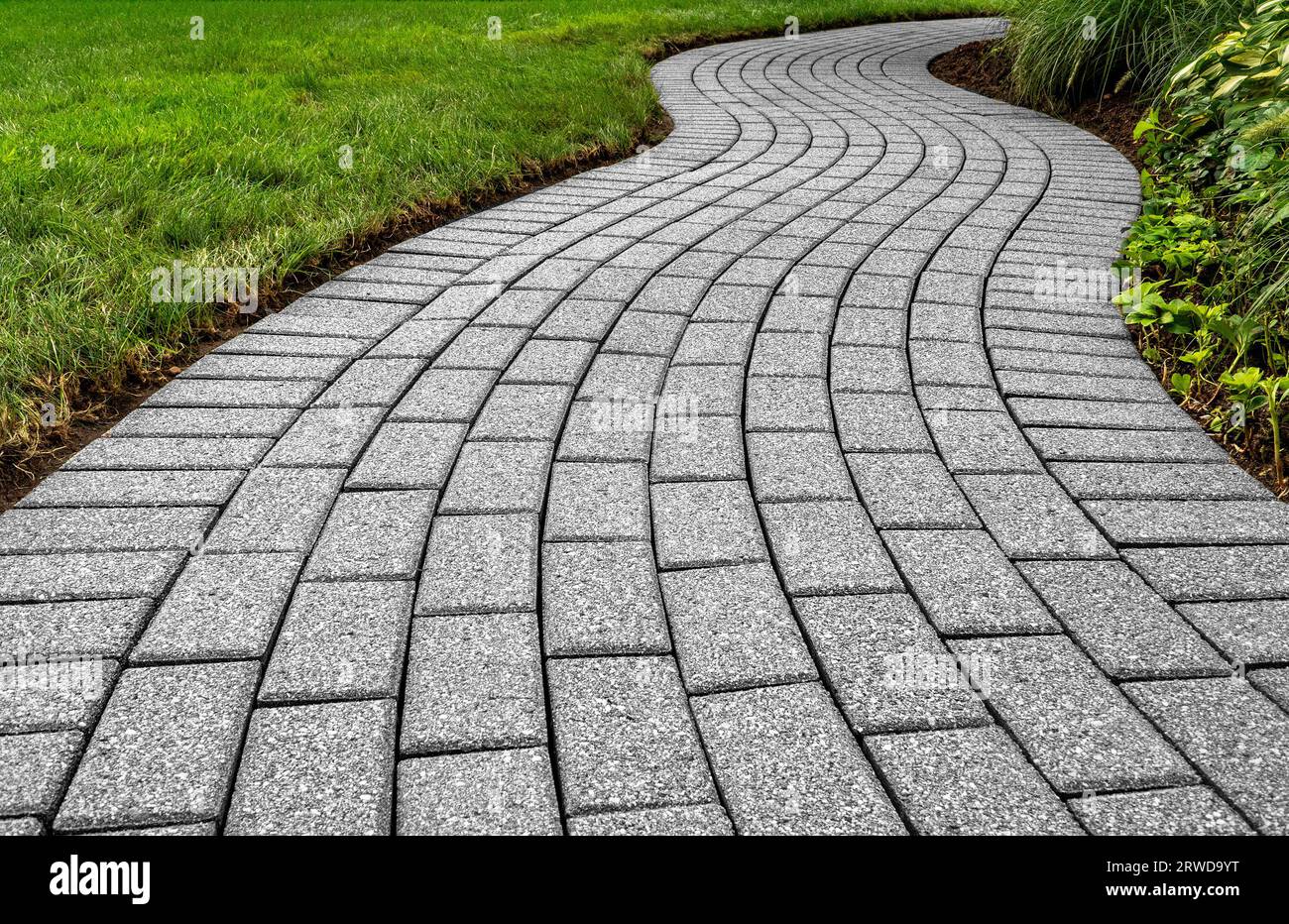 Brick pavers arranged in a curving pattern. Stock Photo