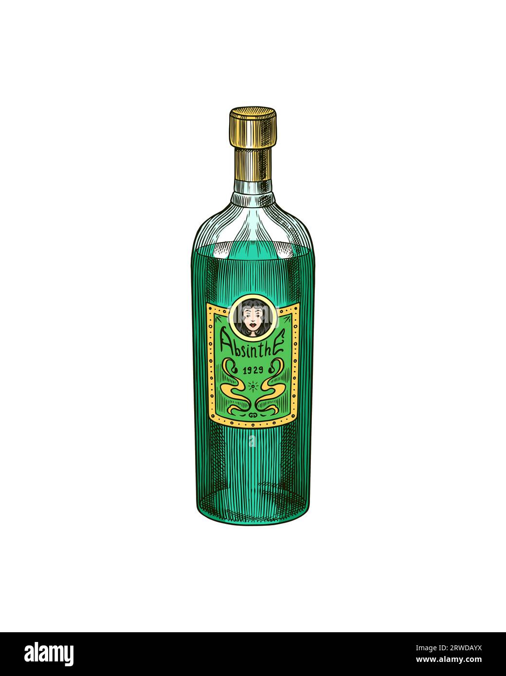 Glass Bottle of Absinthe. Label for retro poster. Engraved hand drawn vintage sketch. Woodcut style Stock Vector