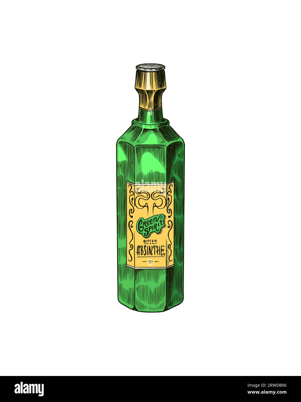 Glass Bottle of Absinthe. Label for retro poster. Engraved hand drawn vintage sketch. Woodcut style Stock Vector