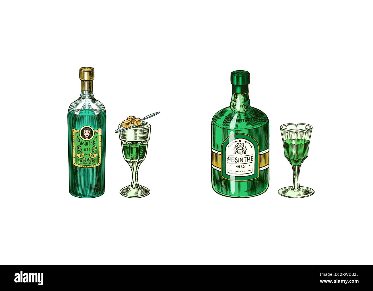 Bottle of Absinthe Glass shot. Woman holding a toast drink. Pot Swan ...
