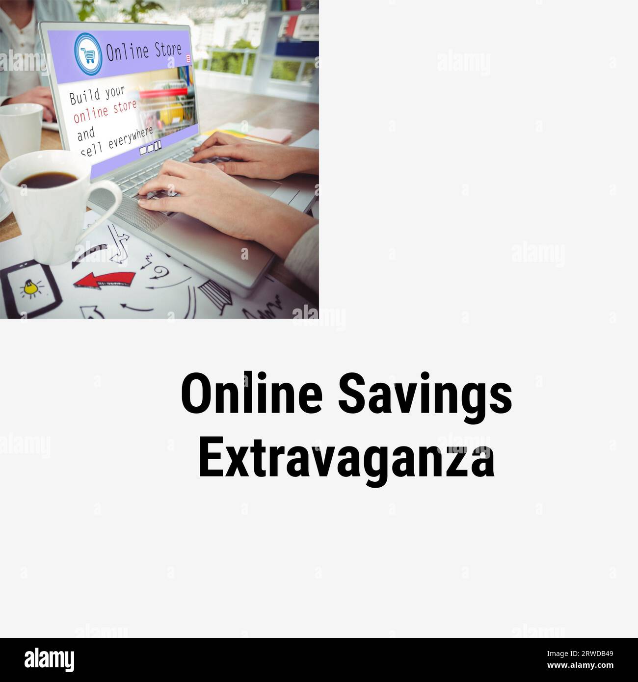 Online savings extravaganza text and hands of caucasian woman using online store on laptop in cafe Stock Photo