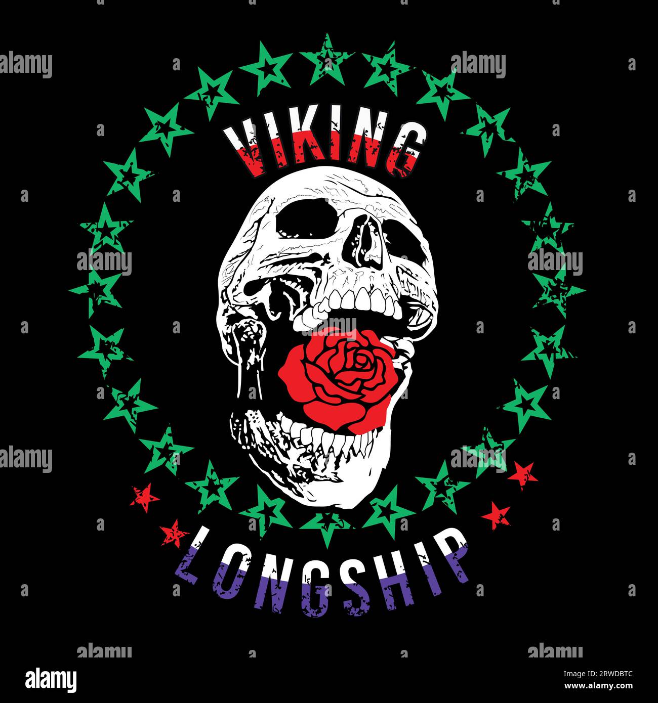 Viking Longship Skull T Shirt Design With A Red Rose And A Circle Of Stars On A Black