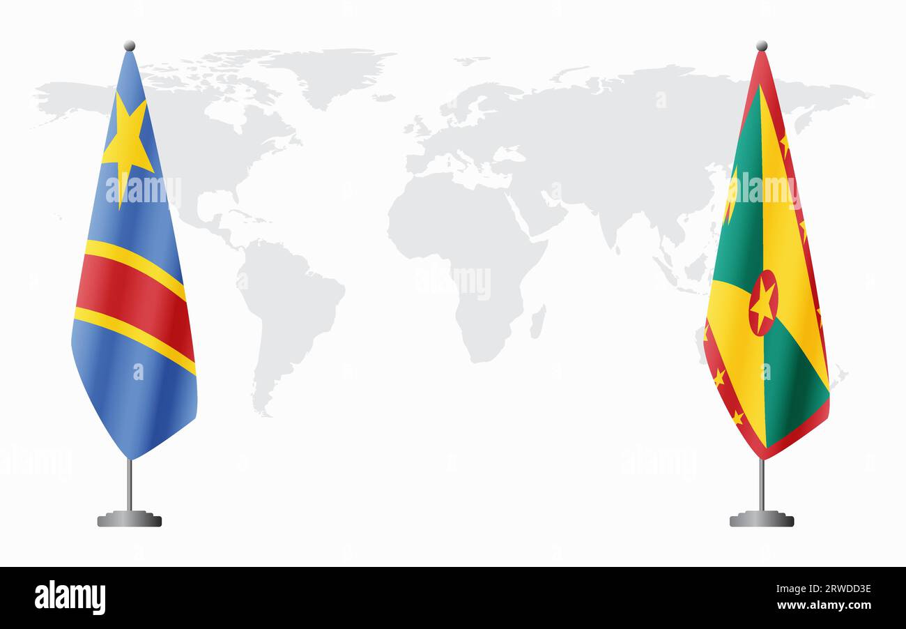 Democratic Republic of Congo and Grenada flags for official meeting against background of world map. Stock Vector