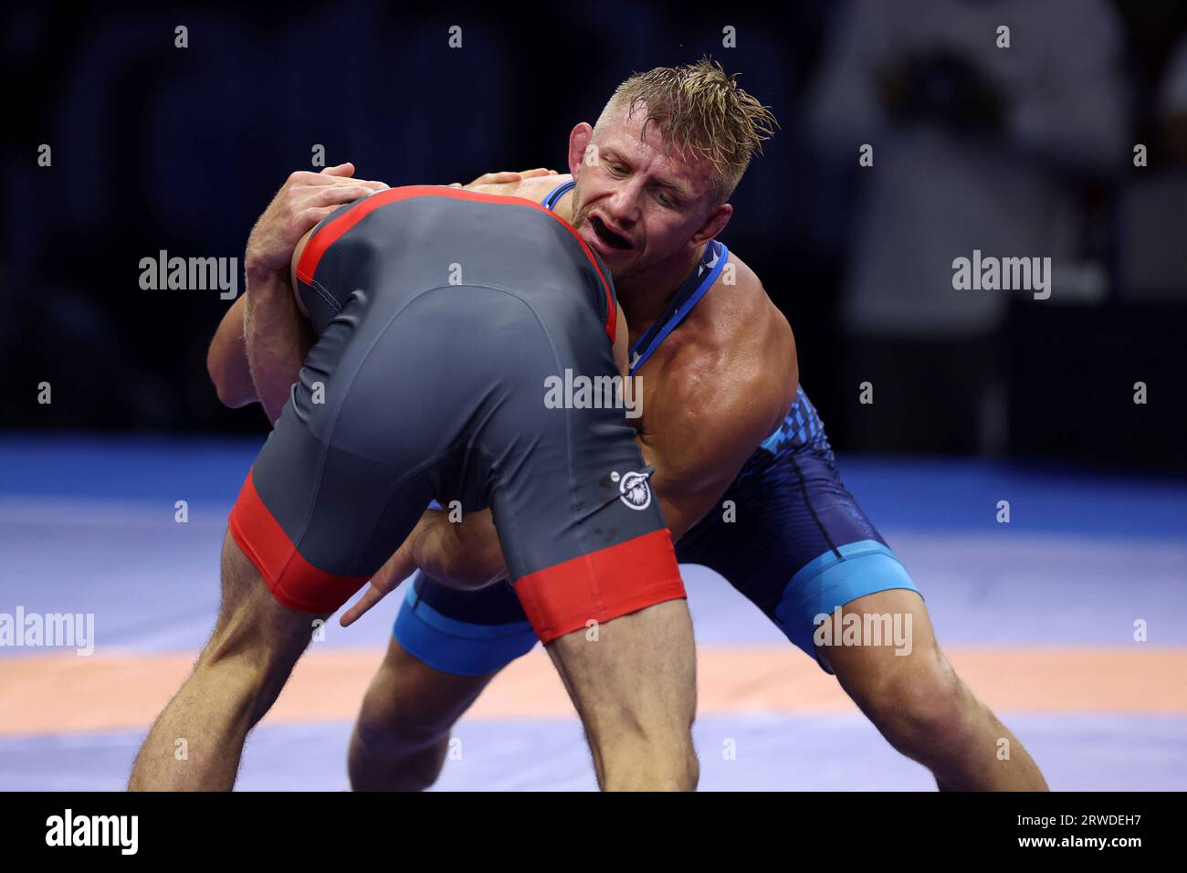 Kyle Douglas Dake of United States (blue) competes during the mens freestyle 74kg final match against Zaurbek Sidakov of Russia at the Wrestling World Championships in Belgrade, Serbia on September 18, 2023.