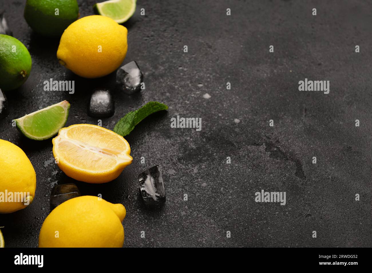 Ingredients for preparing lemonade on black background Stock Photo
