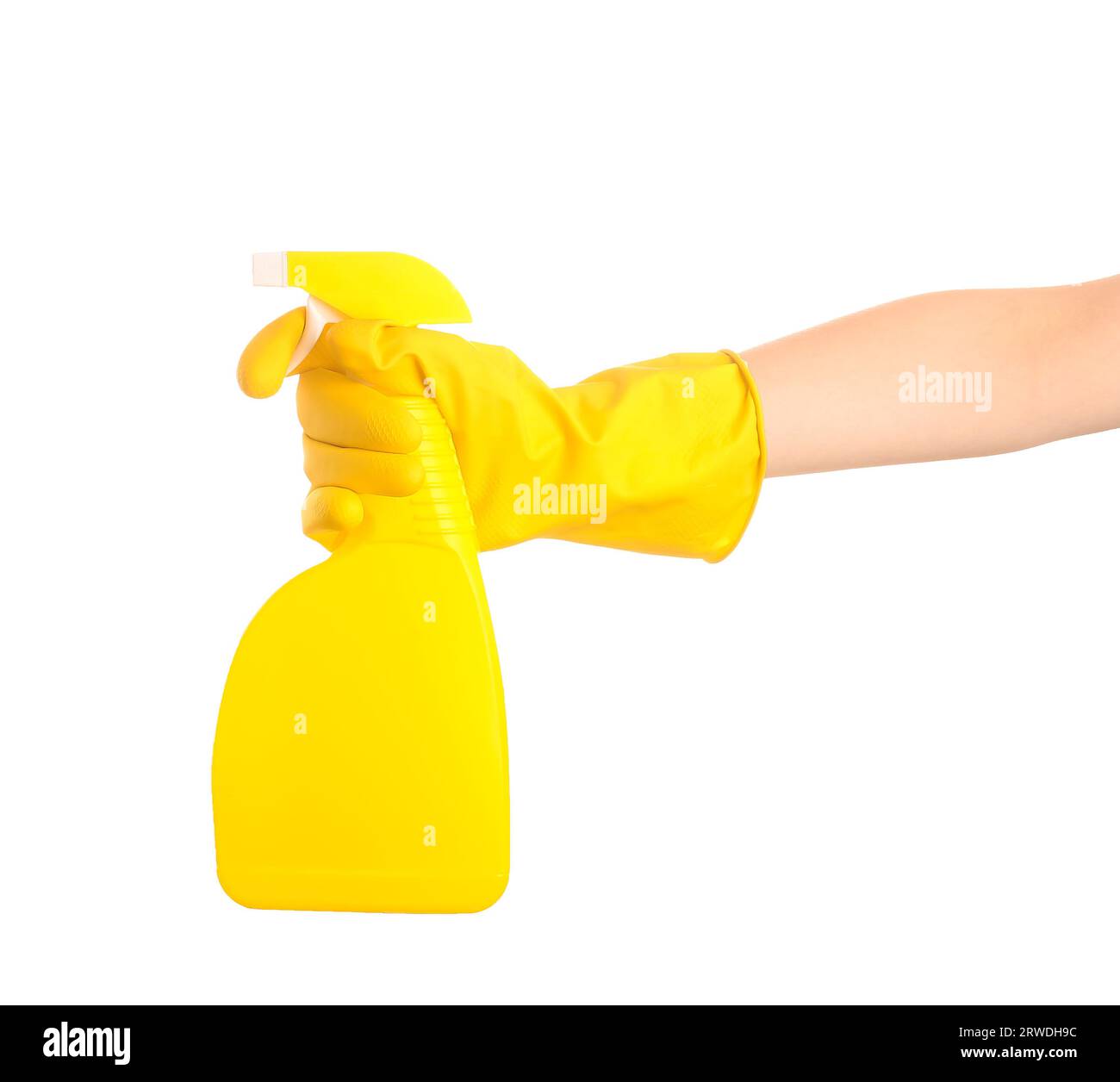 Female hand in yellow rubber glove holding bottle of detergent on white ...