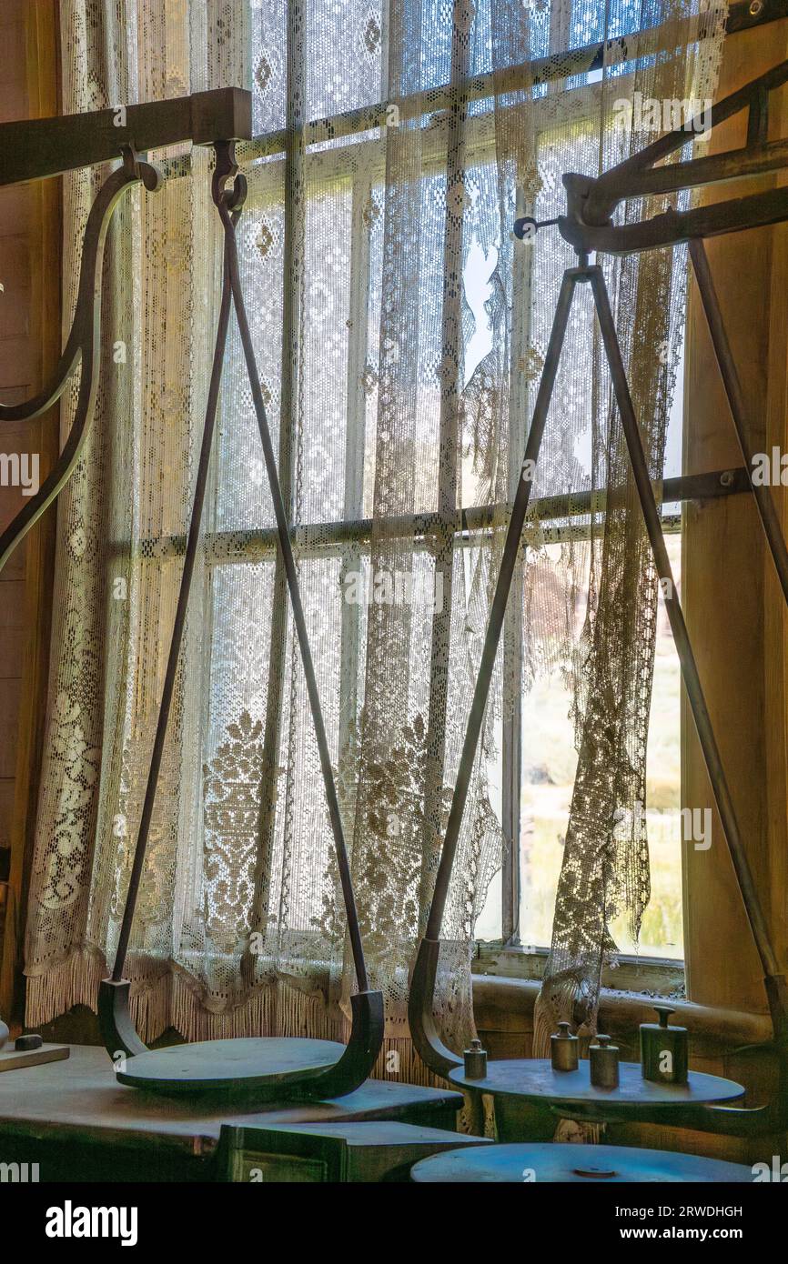 19th century balance scale in a window in the Bodie ghost town in ...