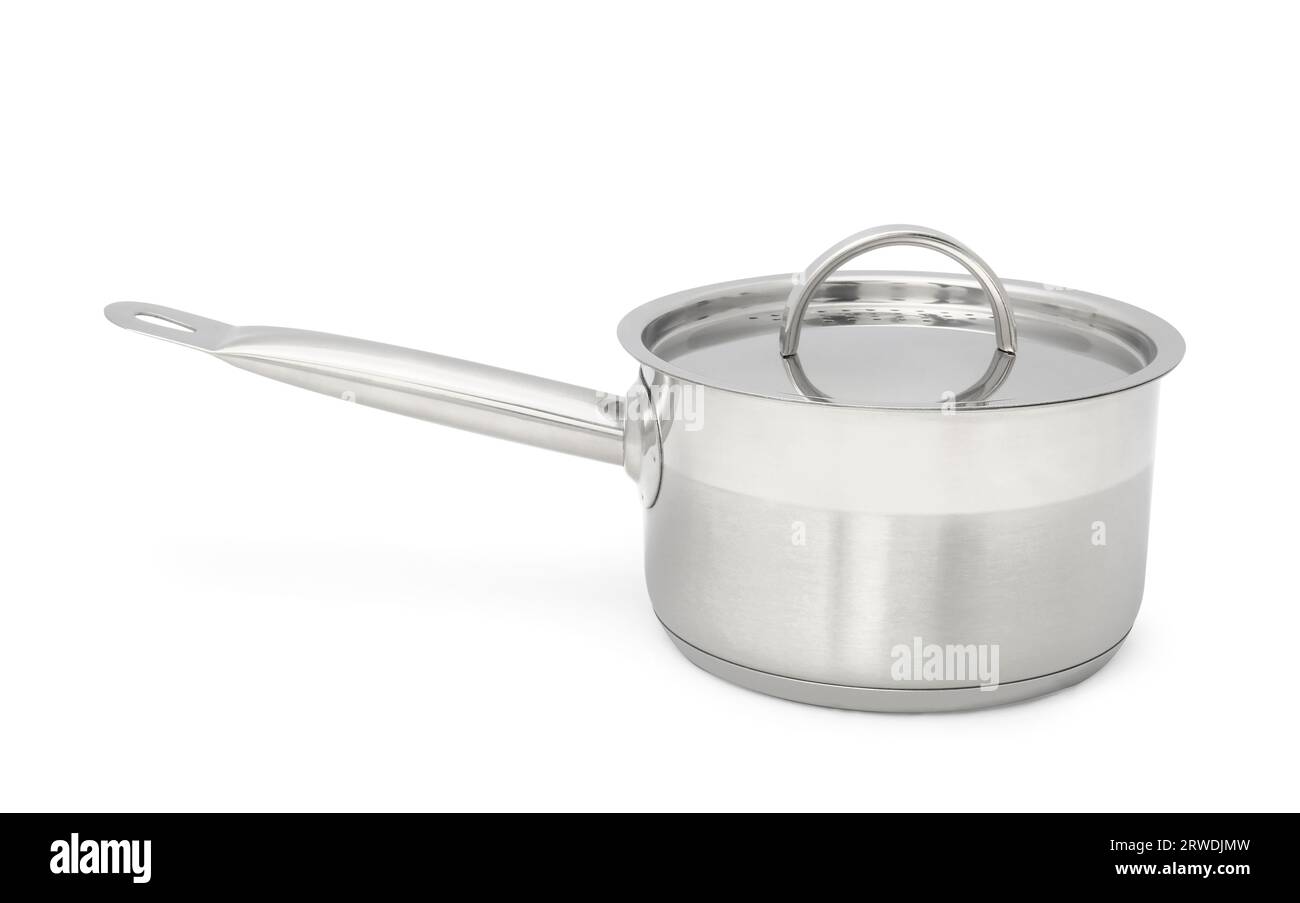 One steel saucepan with strainer lid isolated on white Stock Photo Alamy