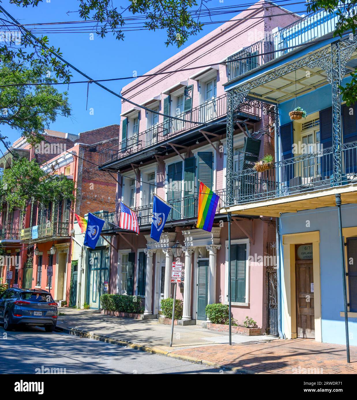 NEW ORLEANS, LA, USA - SEPTEMBER 17, 2023: Cityscape of the Faubourg Marigny side of Esplanade Avenue with the historic Lamothe House Hotel Stock Photo