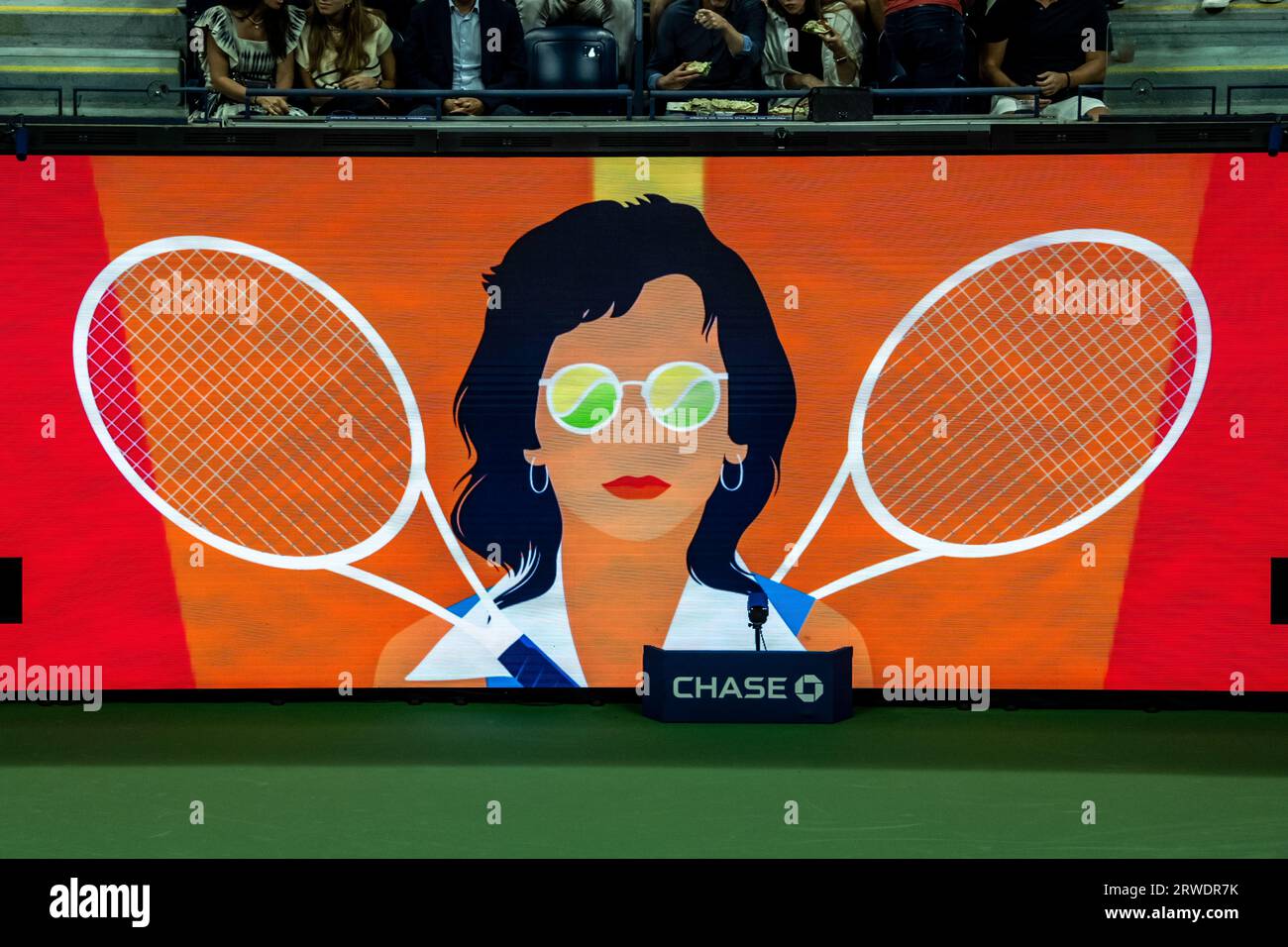 Billie Jean King logo for Fifty Years of Equal Pay at the US Open Tennis Championship. Stock Photo