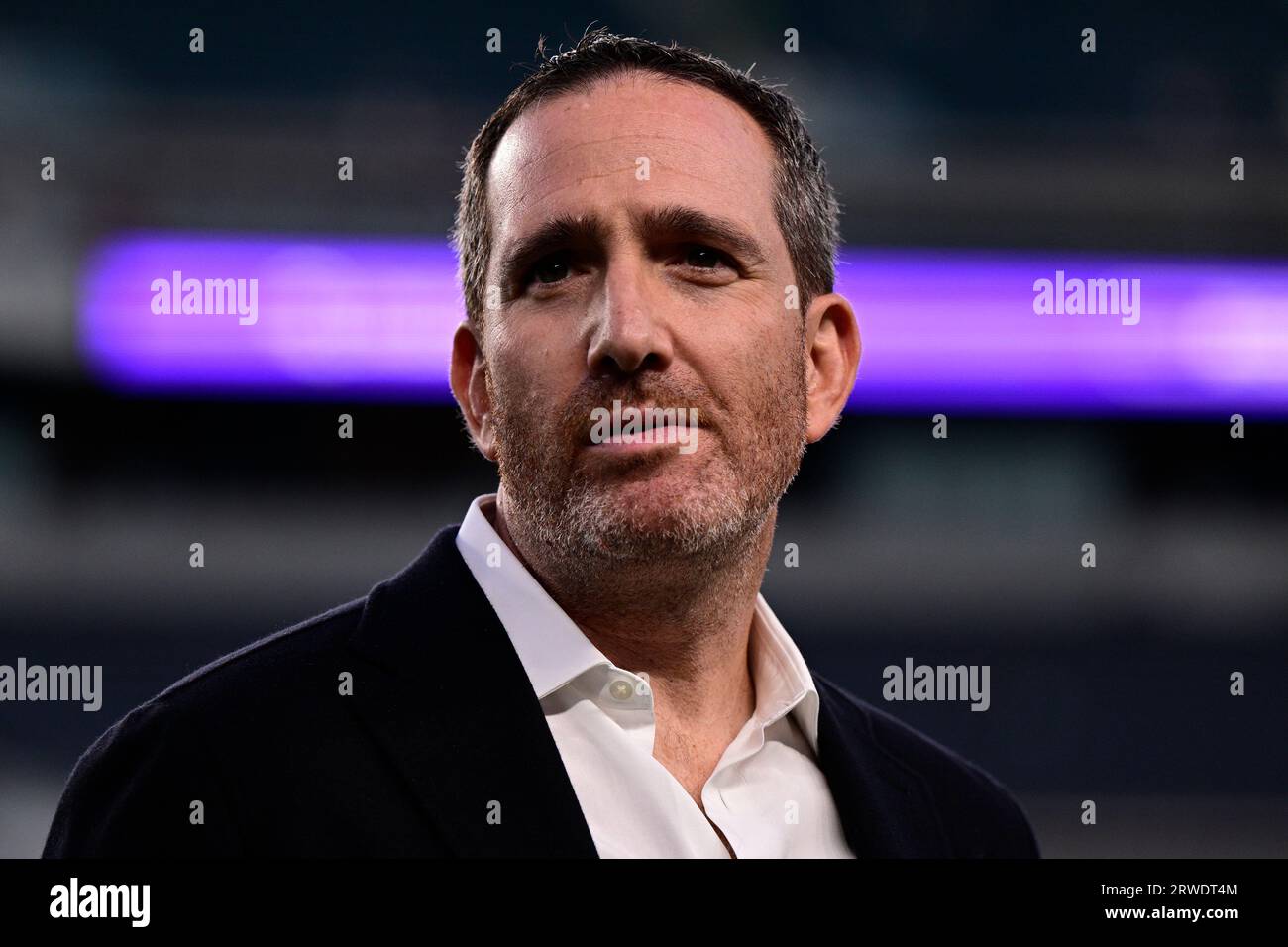 Philadelphia Eagles general manager Howie Roseman watches warm ups before an NFL football game ...