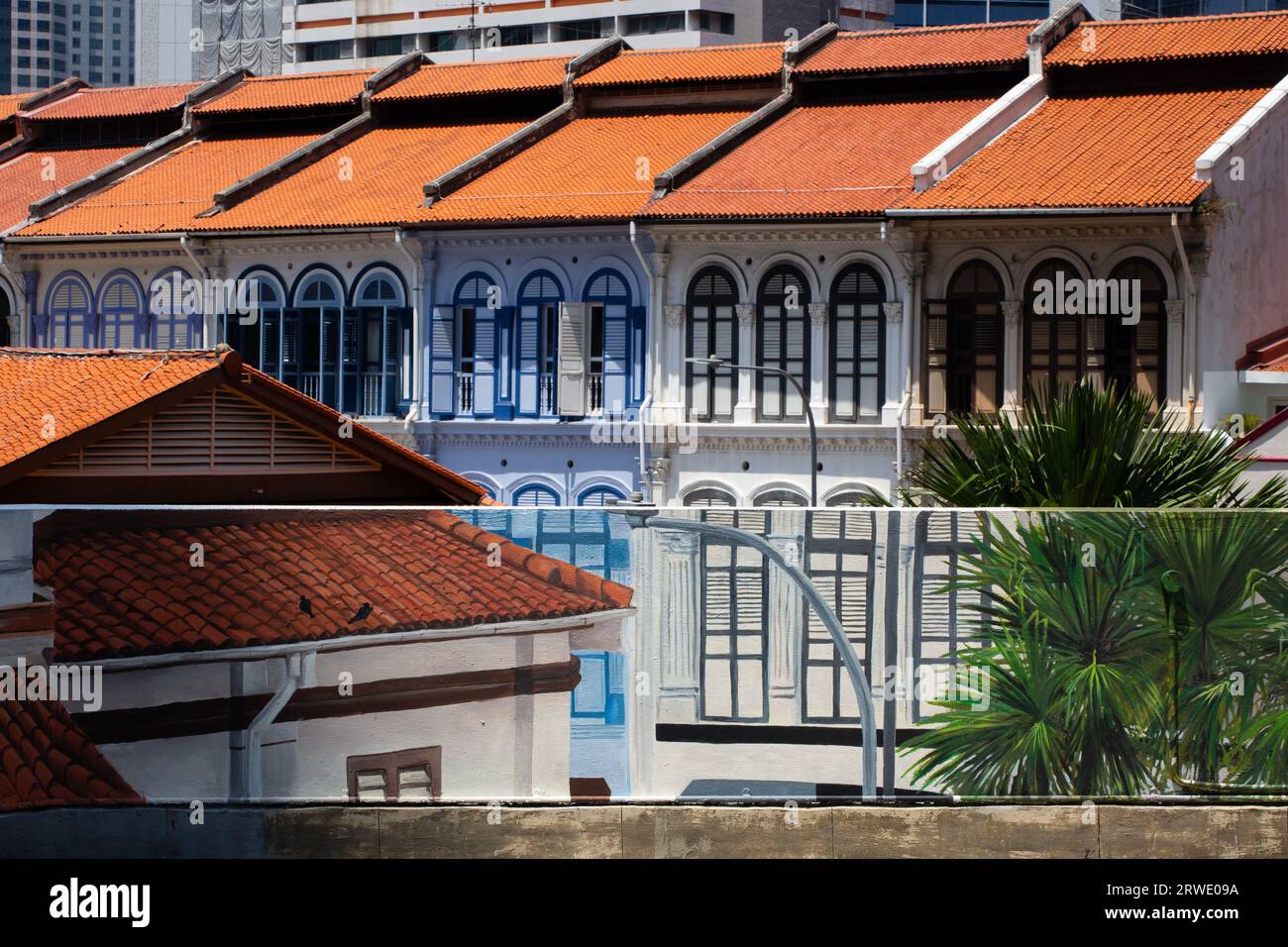 Wall mural painting matches the details of the shophouses architectural
