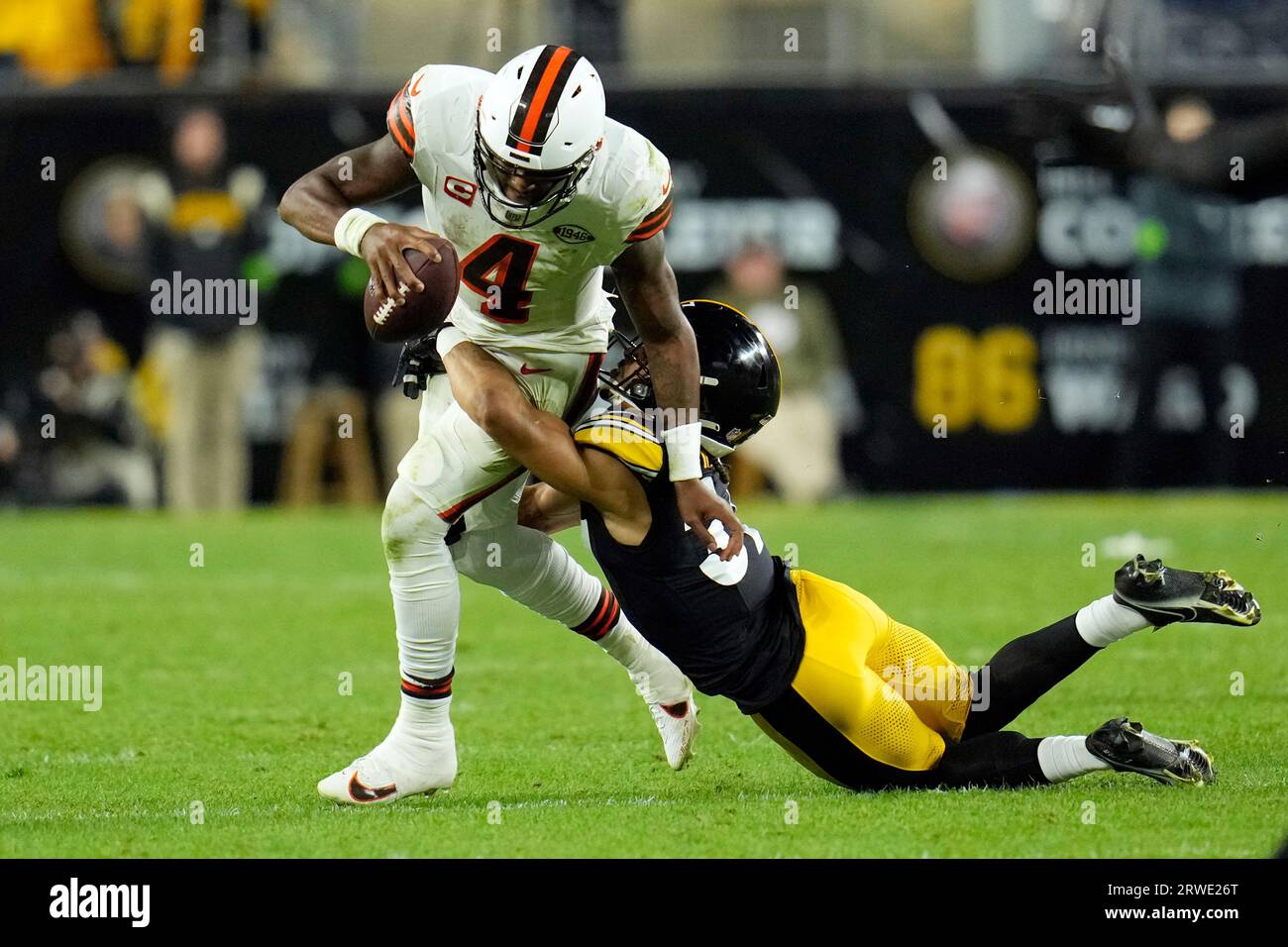 Cleveland Browns quarterback Deshaun Watson is sacked by Pittsburgh ...