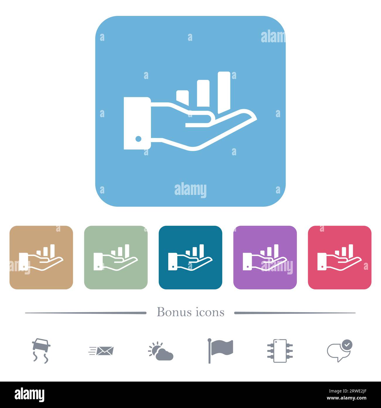 Graph in hand white flat icons on color rounded square backgrounds. 6 ...