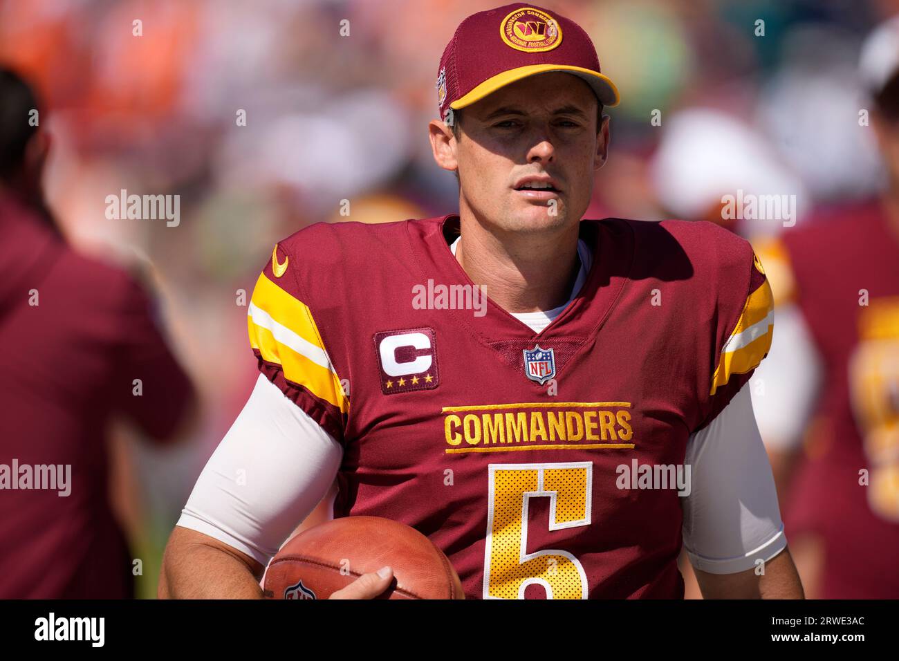 LANDOVER, MD - September 11: Washington Commanders place kicker Joey Slye (6)  warms up prior to the NFL game between the Jacksonville Jaguars and the  Washington Football Team on September 11, 2022