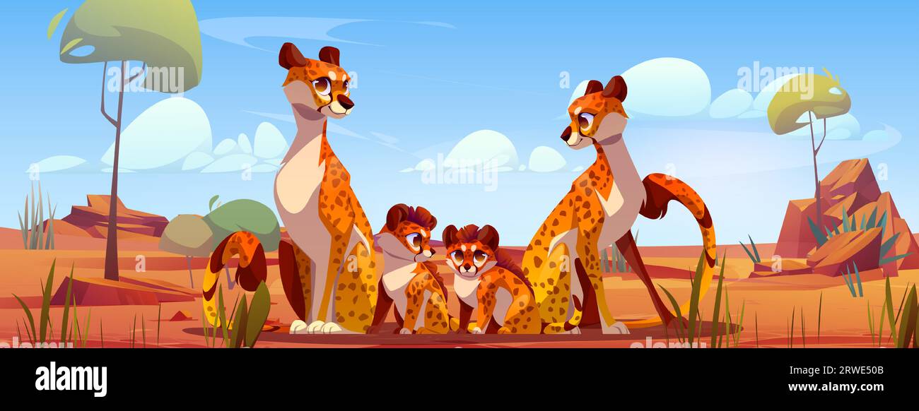 Cheetah family in Africa cartoon vector background. Savannah landscape with leopard animal sitting near baby cat scene. Tropical exotic zoo character panorama drawing. Gepard mother and father Stock Vector