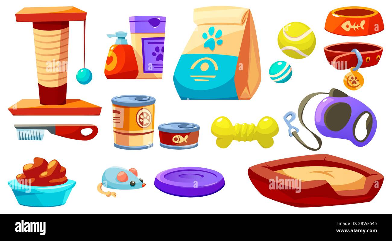 Set of petshop goods isolated on white background. Vector cartoon illustration of cat and dog bowls, soft bed, leash, collar, toy mouse, pet box filler in paper bag, food in cans and package, brush Stock Vector