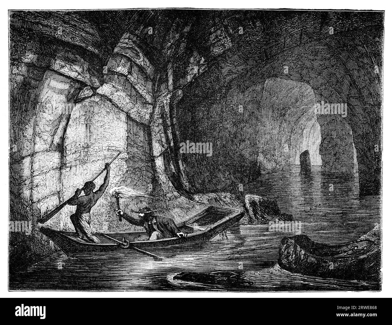 River Styx in the Mammoth Cave. Illustration originally published in Hesse-Warteggs Nord Amerika, swedish edition published in 1880. by the virtue of Stock Photo