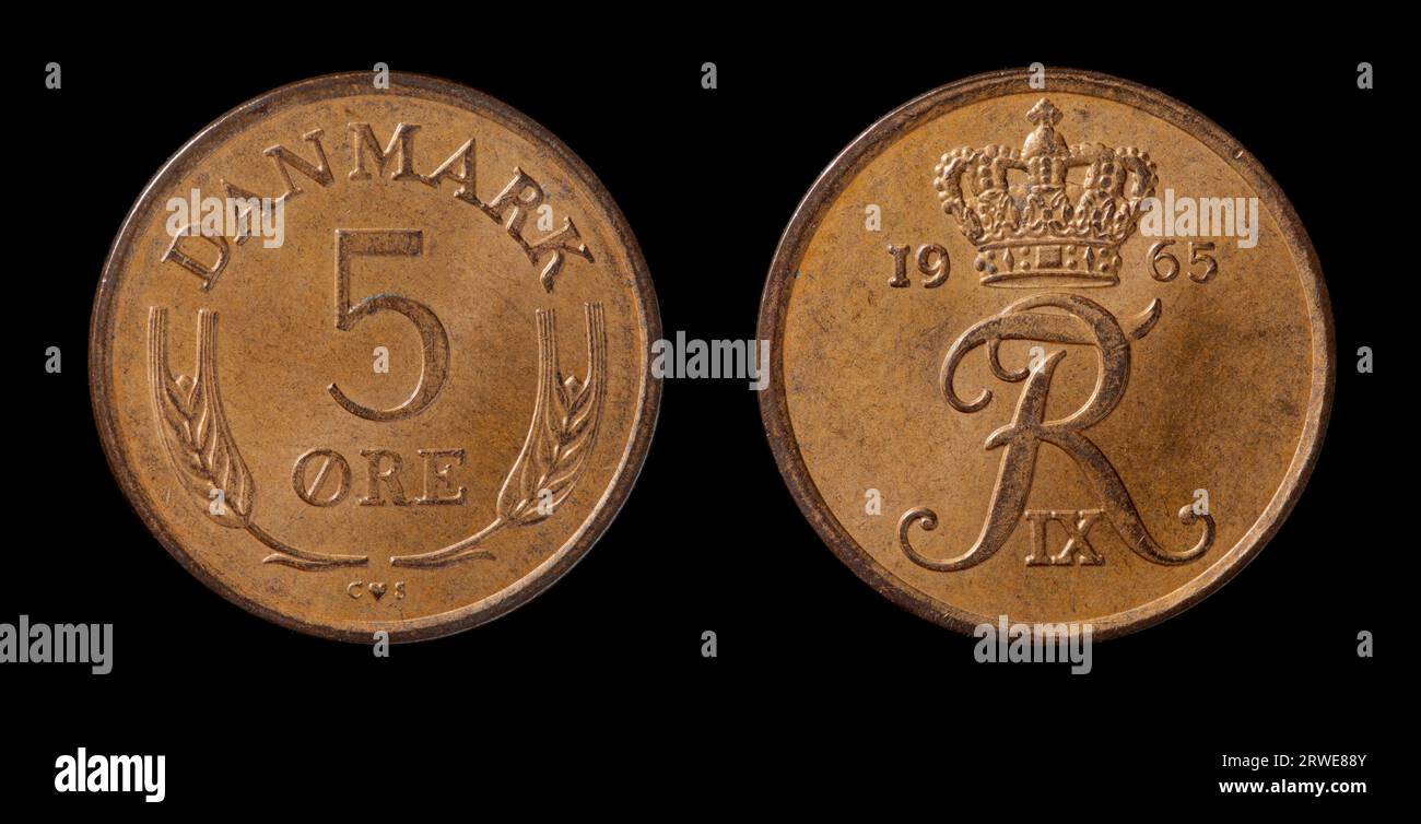 Danish 5-ore coin from 1965 isolated on black Stock Photo