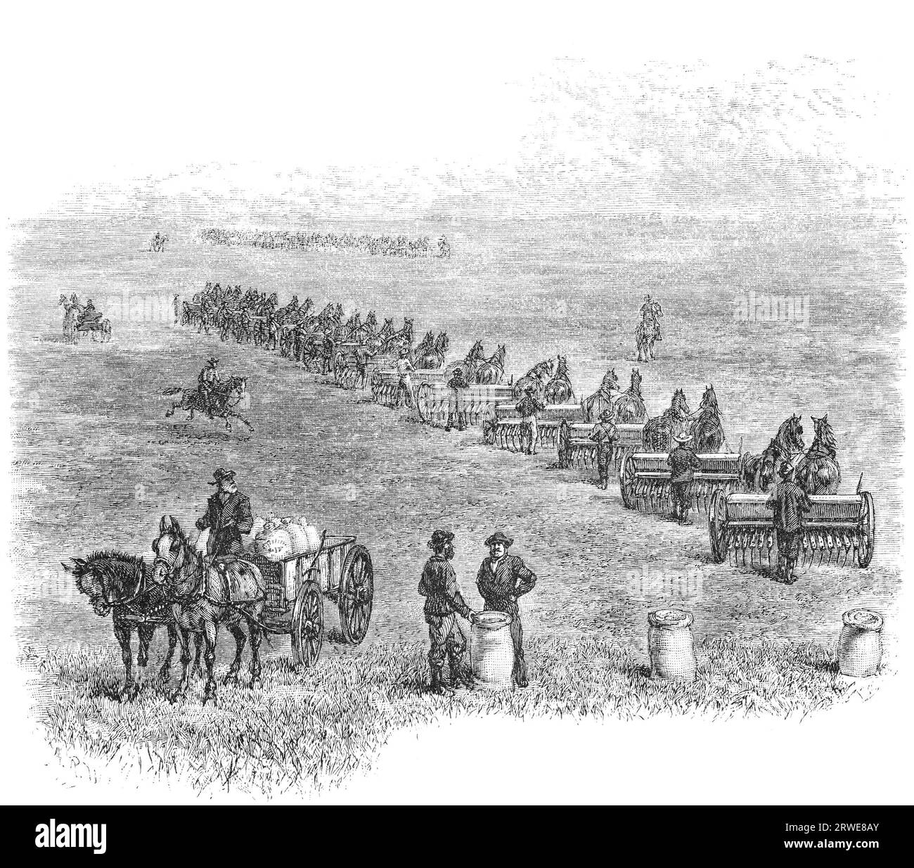Agriculture in Dakota, USA: Sowing the wheat. Image source: Harpers Monthly magazine march 1880 Stock Photo