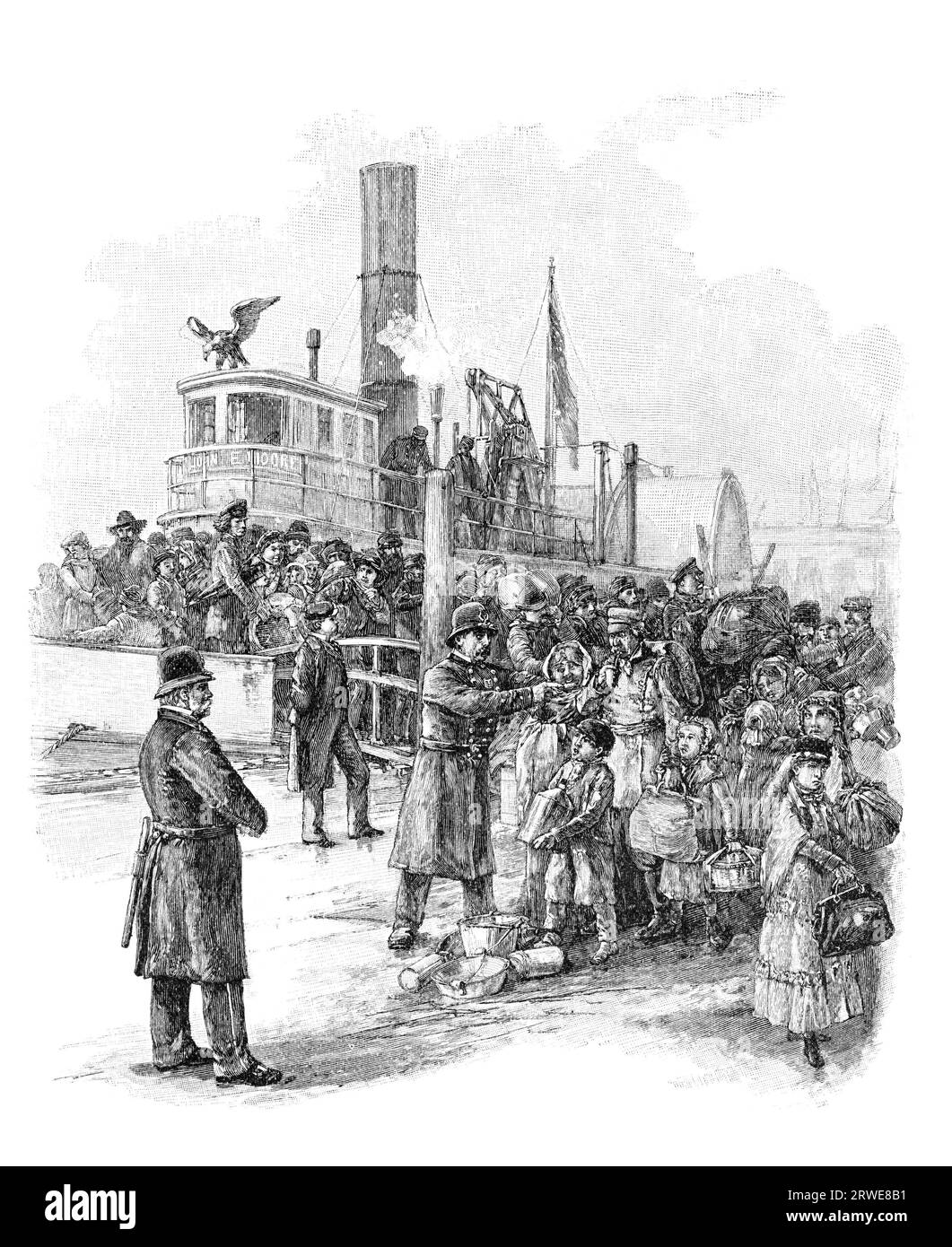 Landing immigrants at Castle Garden, New York City. Engraving from Harpers Monthly Magazine june 1884 Stock Photo