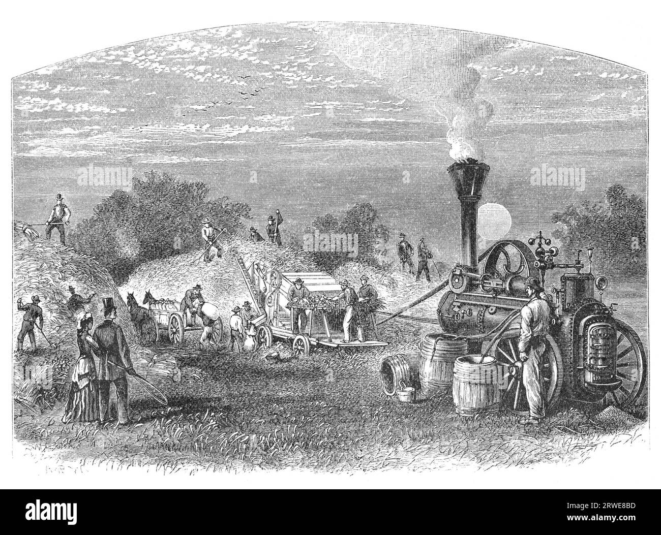 Agriculture in Dakota, USA: Threshing. Image source: Harpers Monthly magazine march 1880 Stock Photo