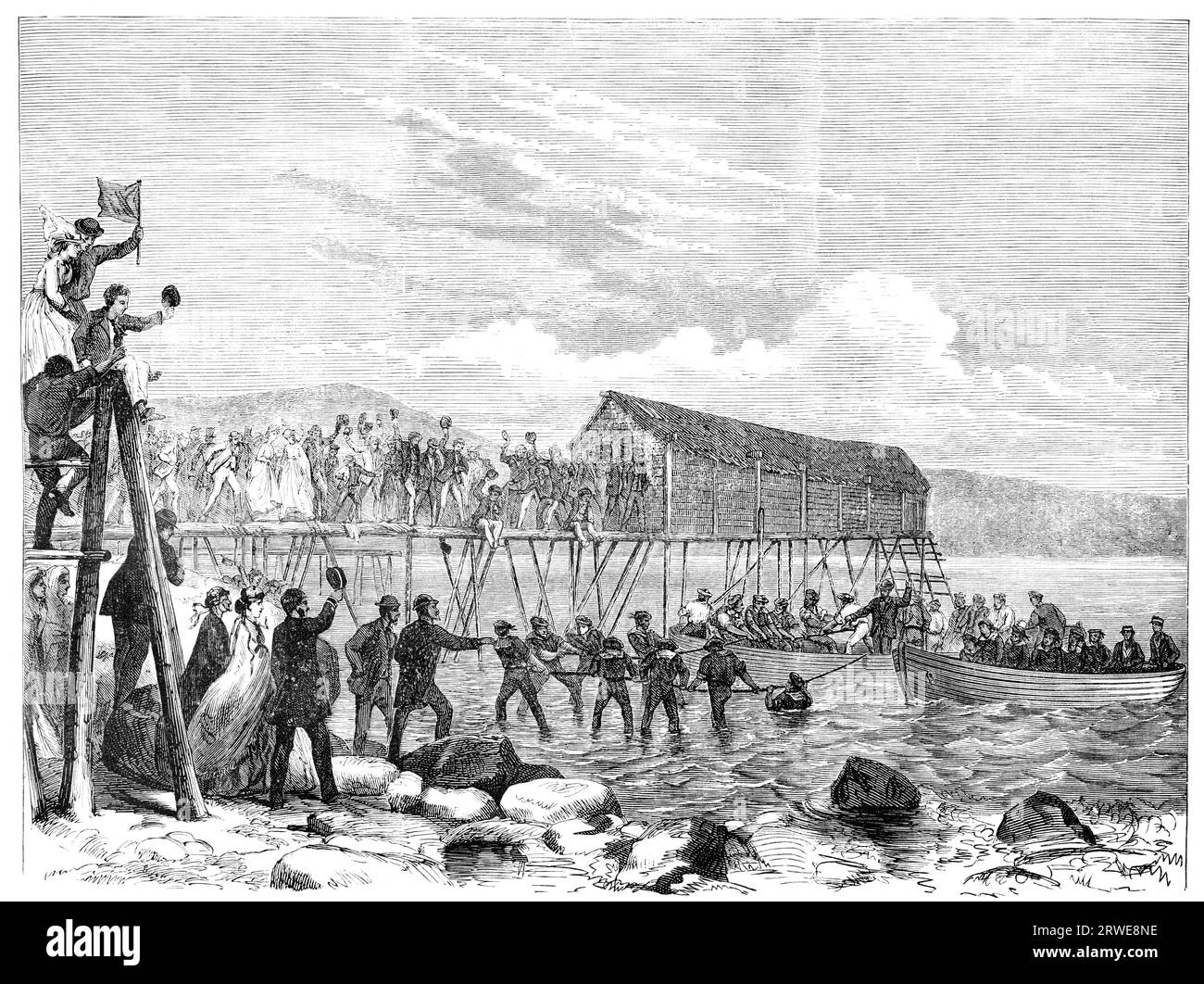 Transatlantic telegraph cable arriving at Hearts Content, Newfoundland, USA. Engraving by unknown artist from Ny Illustrerad Tidning 1866 Stock Photo