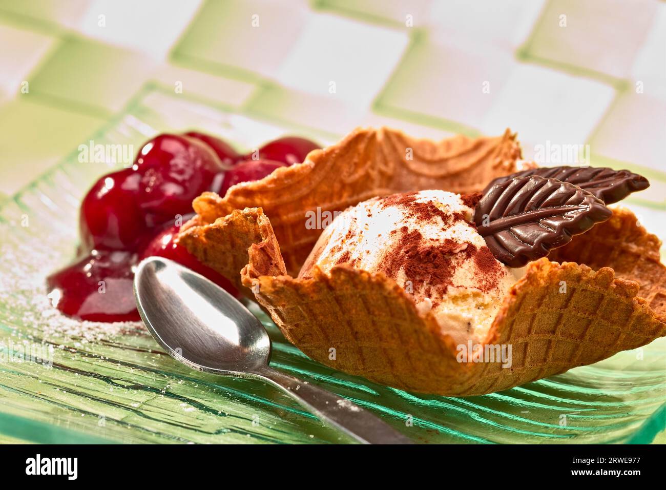 Ice cream in a waffle with fruit Stock Photo - Alamy