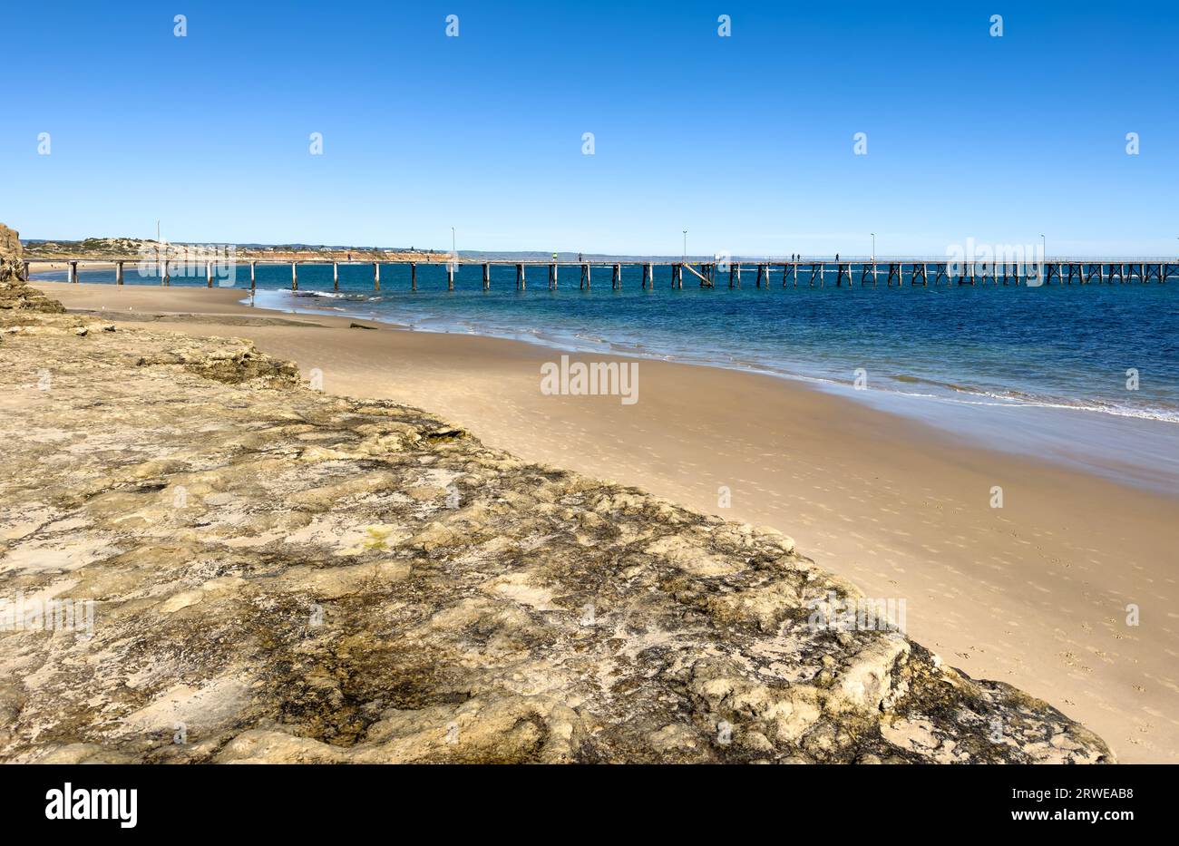Beautiful Port Noarlunga Beach with wooden jetty in Adelaide, South Australia. Stock Photo