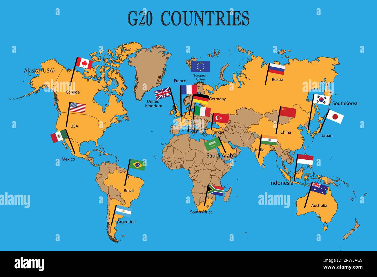 World map of the G20 countries with flags. Member of G20 group of twenty countries flags with names Stock Photo