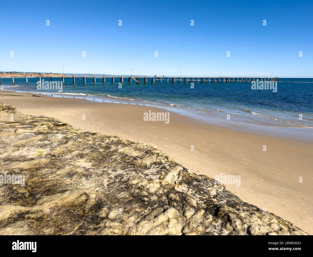 Beautiful Port Noarlunga Beach with wooden jetty in Adelaide, South Australia. Stock Photo