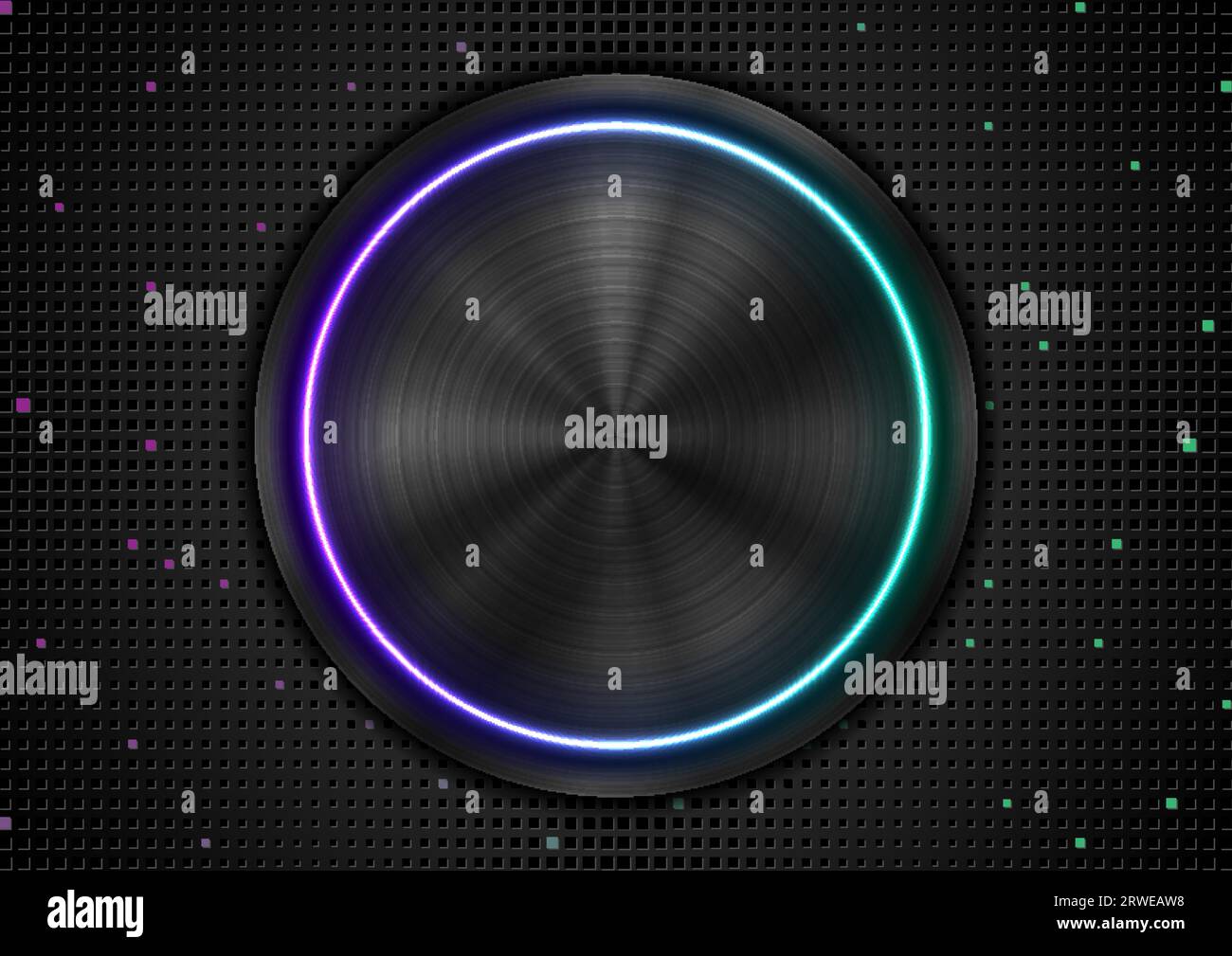 Technology abstract background with stylish button. Black metal texture and blue purple neon light. Dark perforated backdrop with halftone squares. Ve Stock Vector