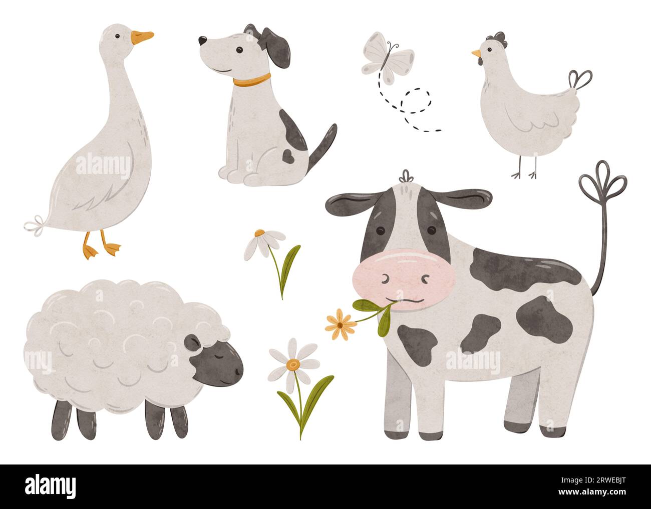 Cute farm animals collection, flat animal illustration, cow, sheep, chicken, dog, goose, butterfly and daisy. Cartoon characters for kids isolated Stock Photo