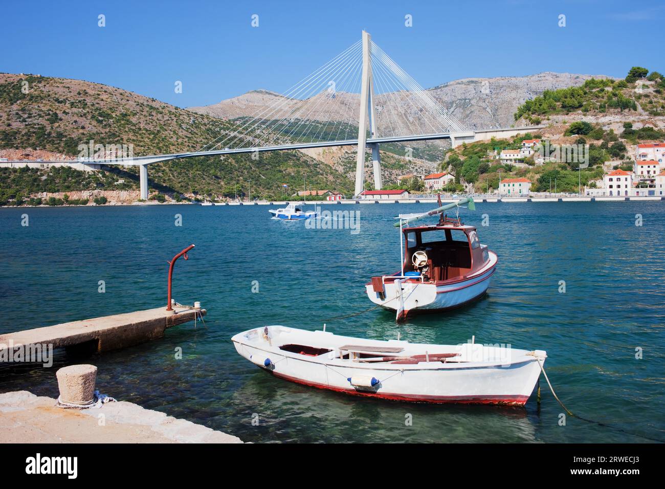 Franjo Tudjman Bridge at the entrance to Dubrovnik from western side in tranquil scenery of the Adriatic Sea coastline in Croatia, Dalmatia County Stock Photo