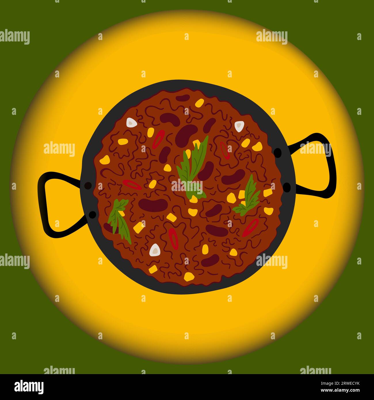 Chili con carne in a cast iron pan on a paper cut style background ...