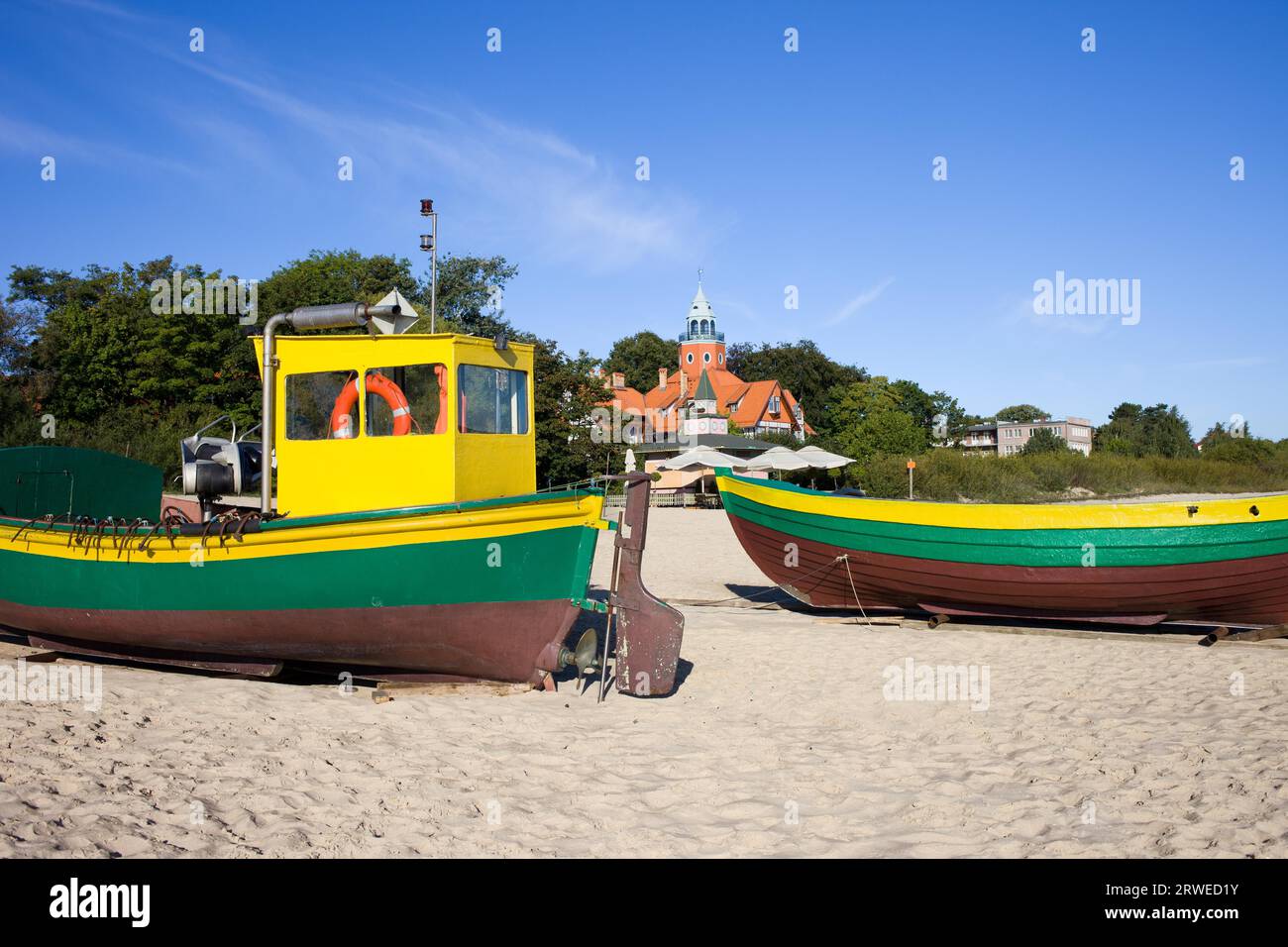 Fishing boats on a sandy beach in Poland Stock Photo