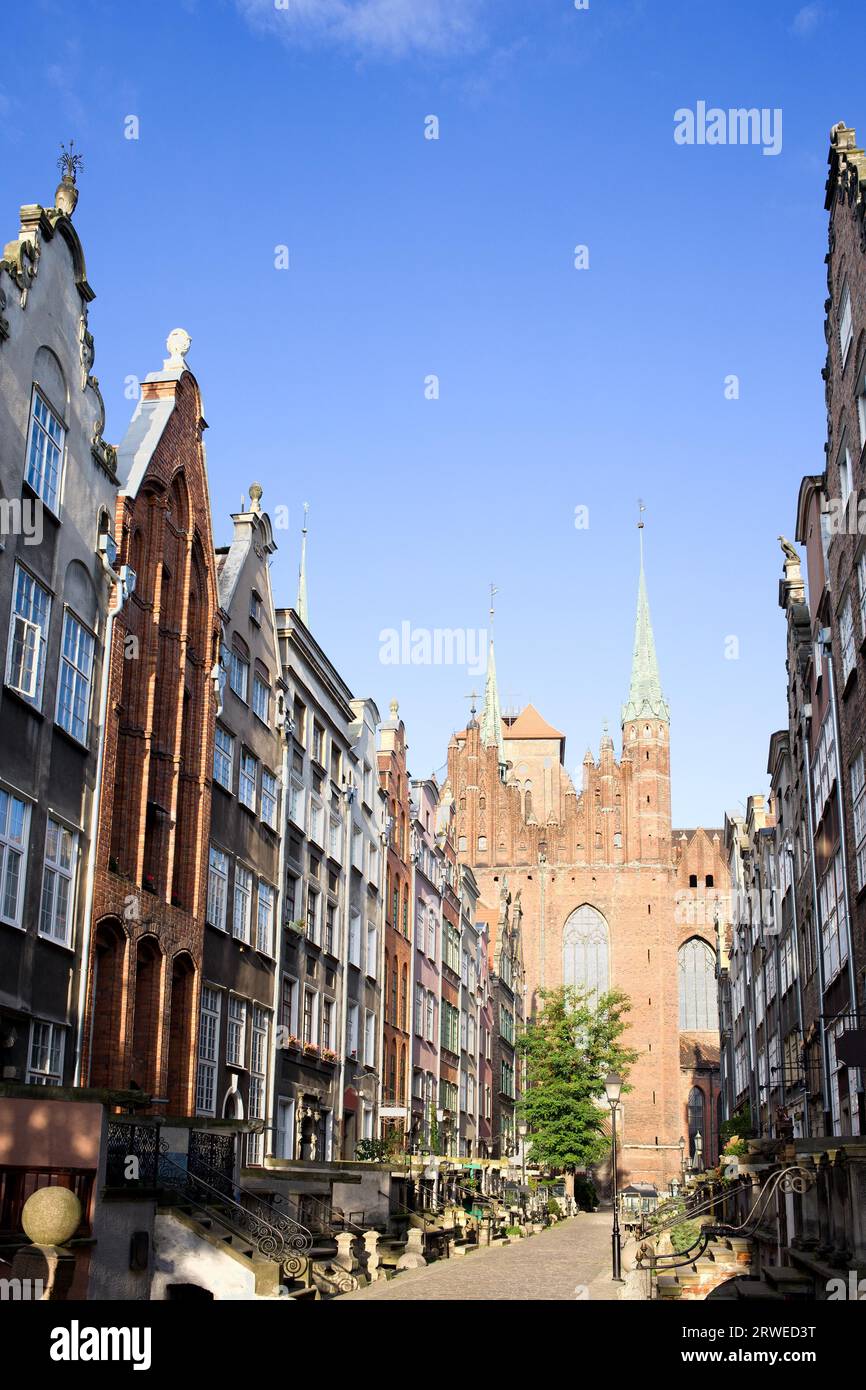 Mariacka Street with the Church of the Blessed Virgin Mary (Polish: Bazylika Mariacka) at the end in Old Town of Gdansk, Poland Stock Photo