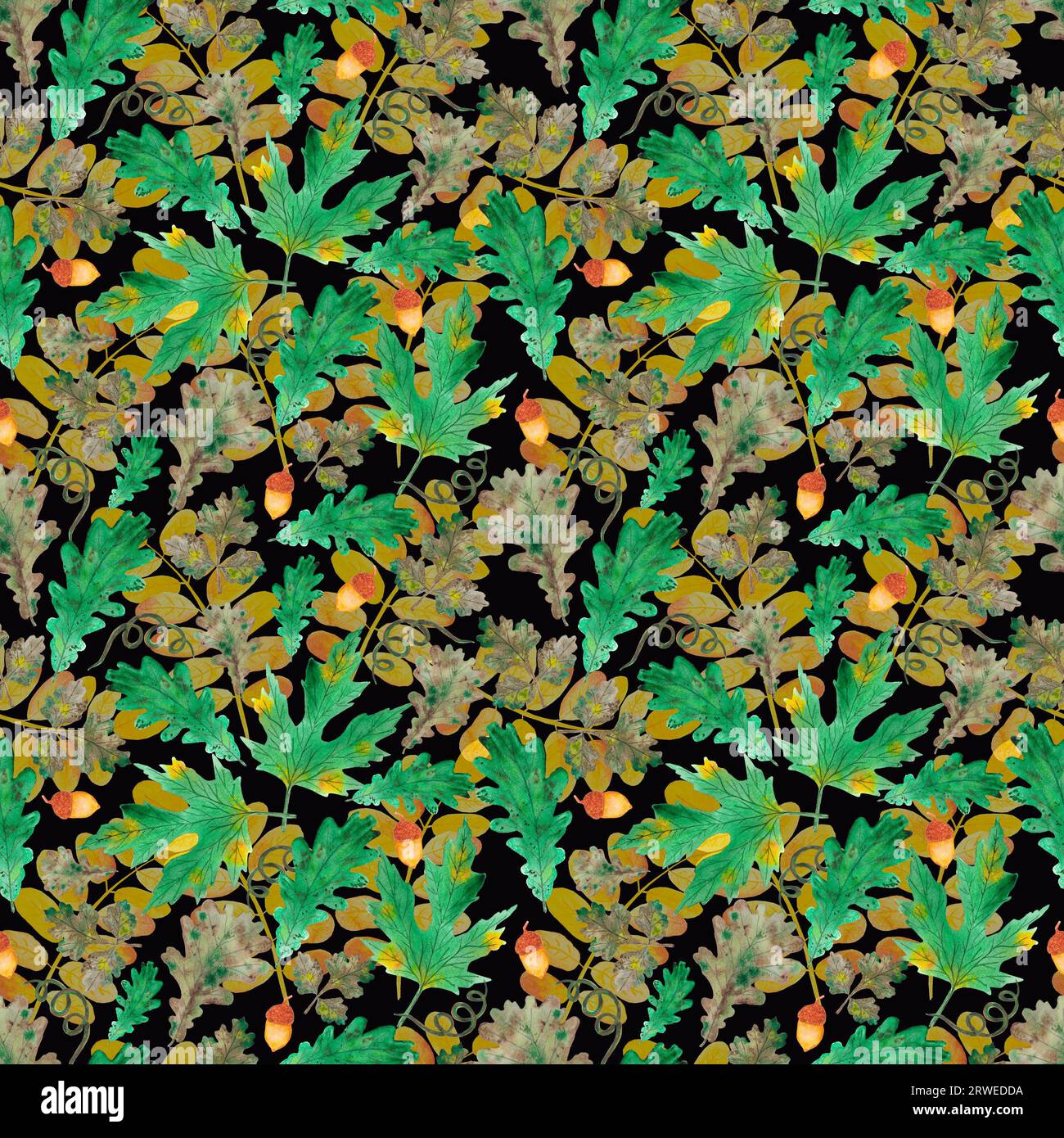 Hand drawn watercolor autumn leaves seamless pattern on black background. Can be used for textile, Scrapbook, fabric and other printed products Stock Photo