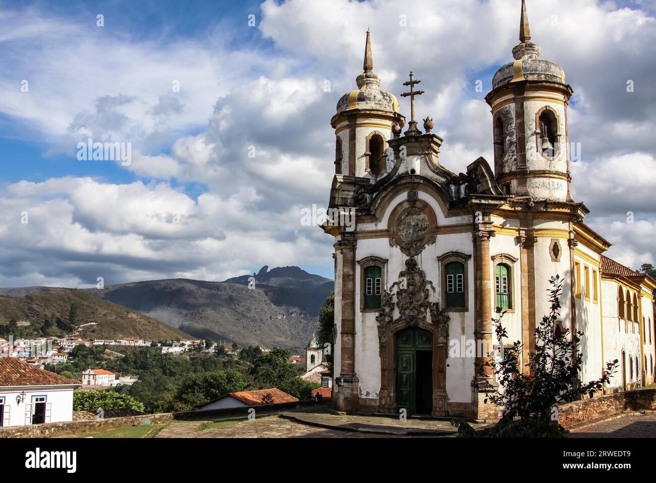 View of historic baroque church Igreja Sao Francisco de Assis, Ouro Preto, UNESCO World heritage sit Stock Photo