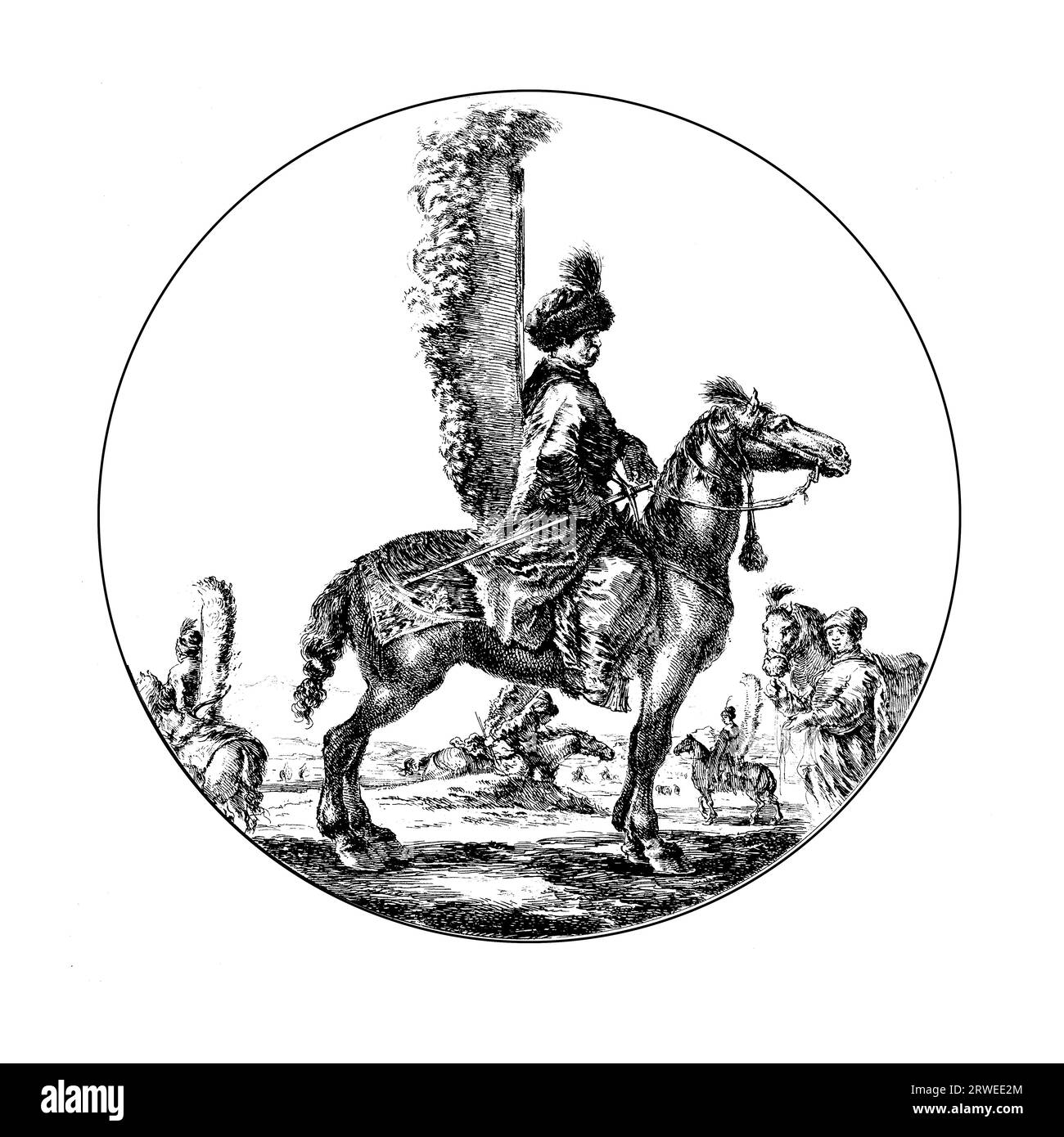 Polish Hussar, Vintage Drawing of Polish hussar in profile facing right with wings attached to his back, a circular composition Stock Photo