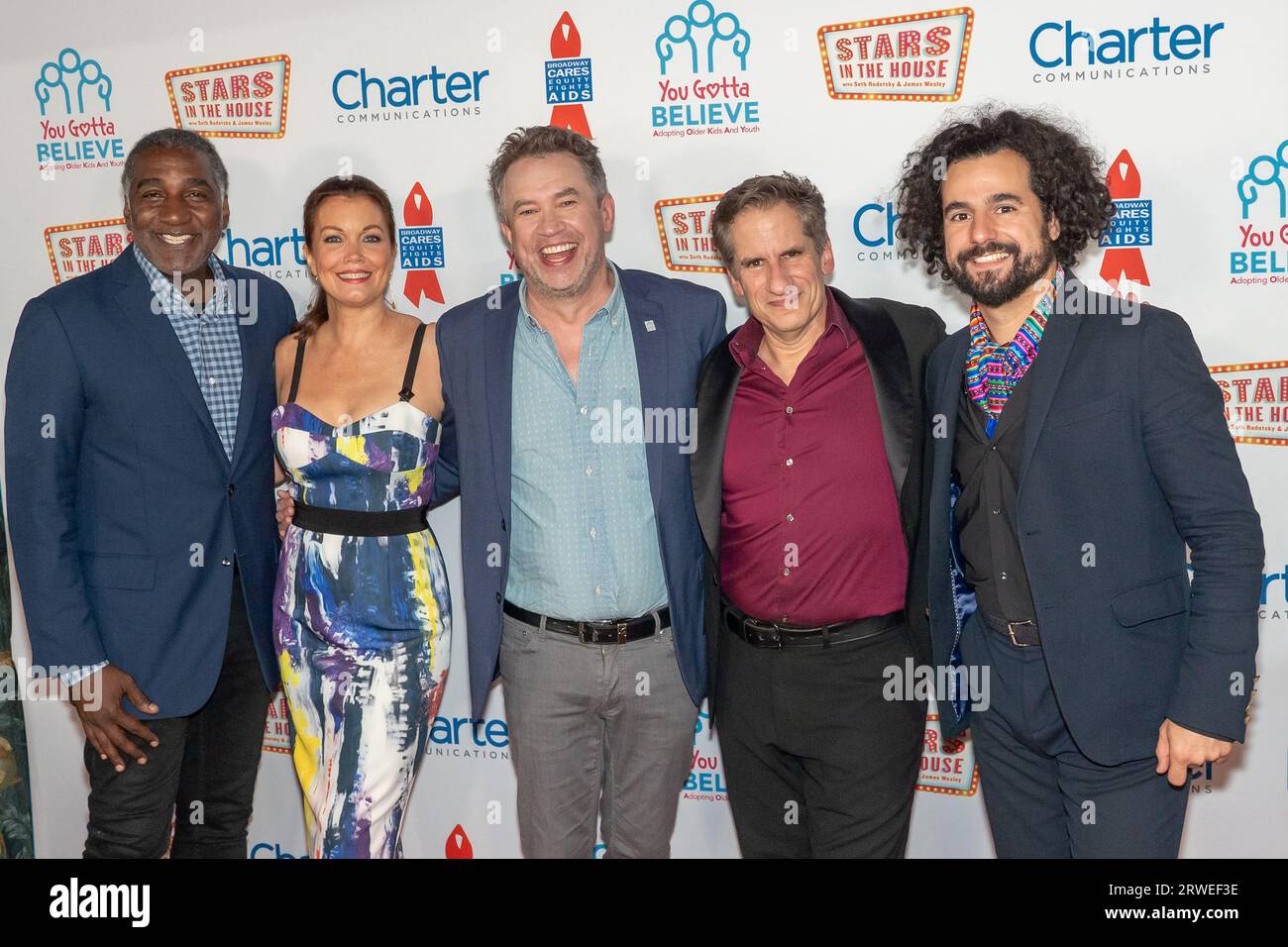 New York, United States. 18th Sep, 2023. (L-R) Norm Lewis, Bellamy Young, James Wesley, Seth Rudetsky and Pedro Segundo attend the 9th Annual 'Voices: Stars For Foster Kids' Benefit Concert Hosted by You Gotta Believe at Town Hall in New York City. Credit: SOPA Images Limited/Alamy Live News Stock Photo
