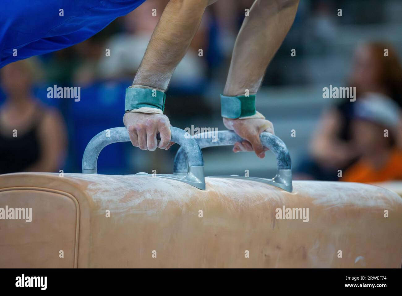 Symbol image of apparatus gymnastics: Close-up of an apparatus gymnast on the pommel horse Stock Photo