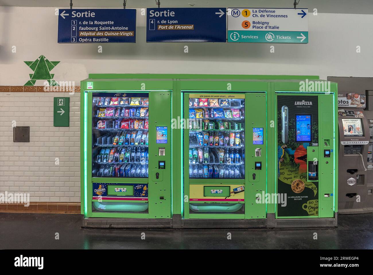 Drinks vending machines in the metro station, Paris, France Stock Photo