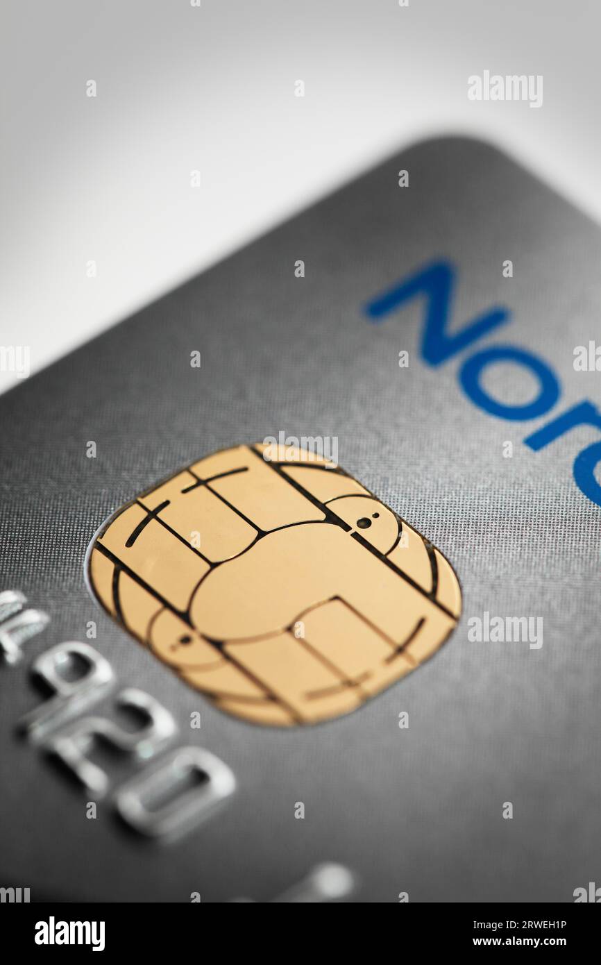 Detail of a icc chip card credit card issued by Nordea bank Stock Photo