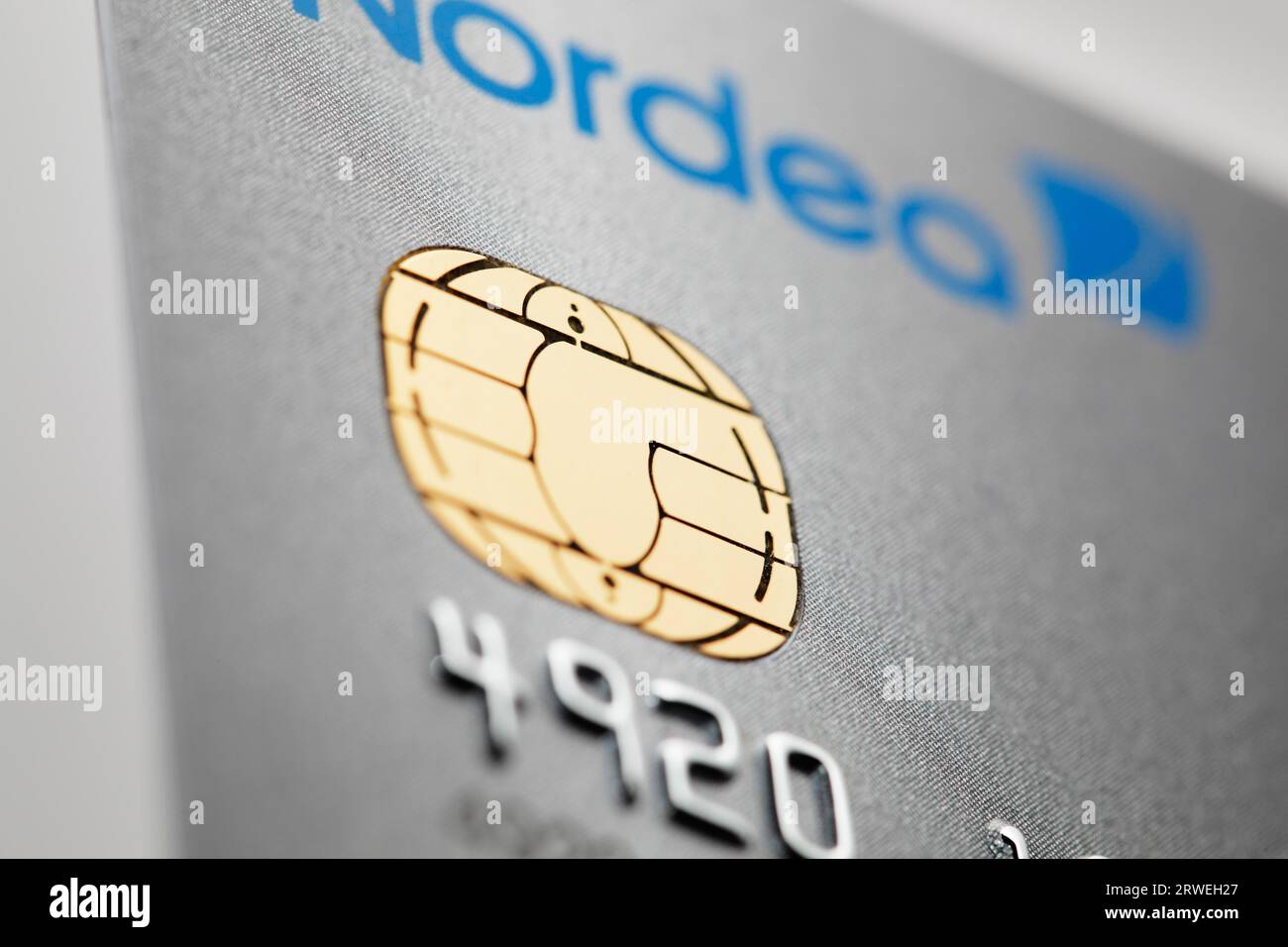 Detail of a icc chip card credit card issued by Nordea bank Stock Photo