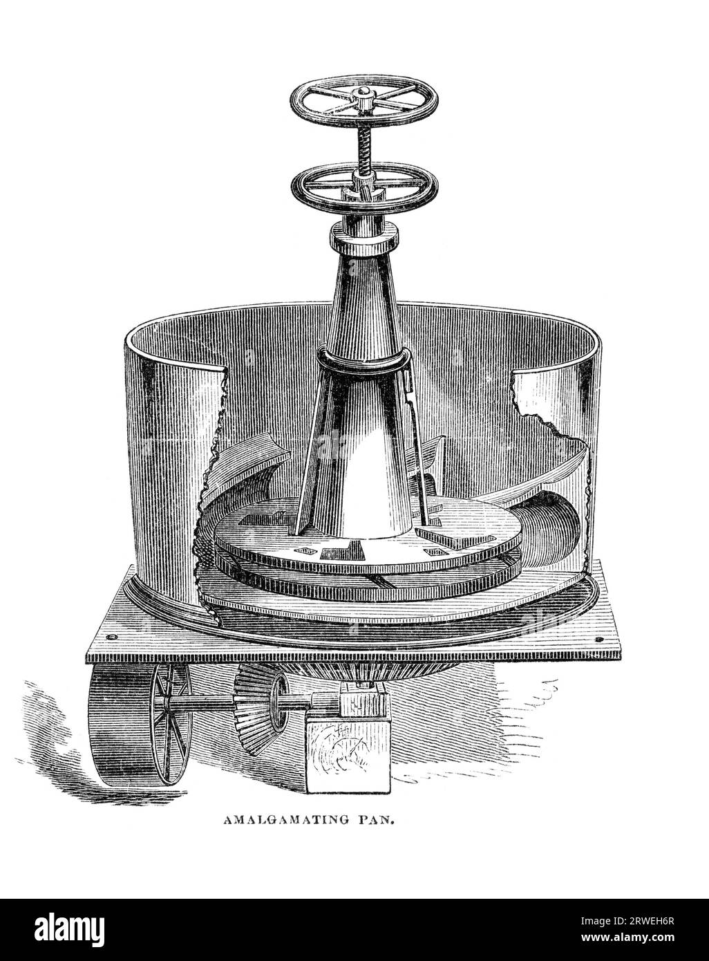 Amalgamating Pan. The Pan amalgamation process is a method to extract silver from ore, using mercury. The process was widely used from 1609 through Stock Photo