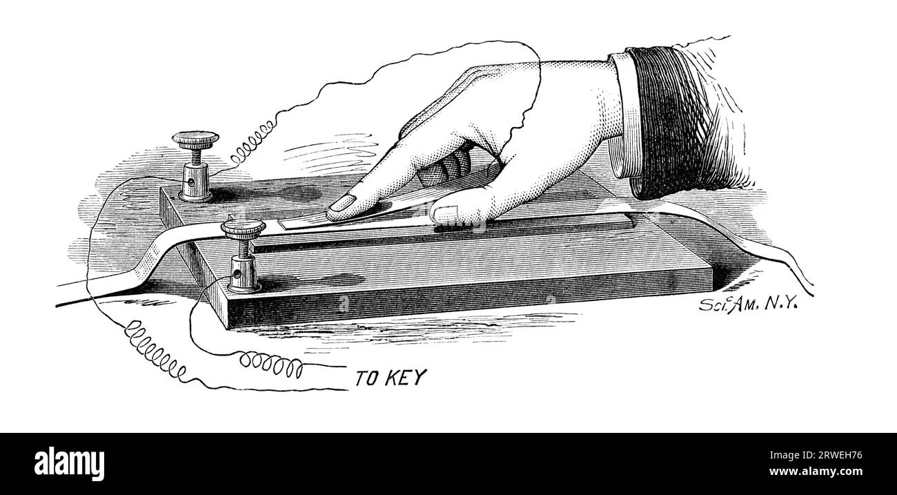 Vintage 1879 engraved illustration depicting The First stage of the ElectroMotograph Discovery