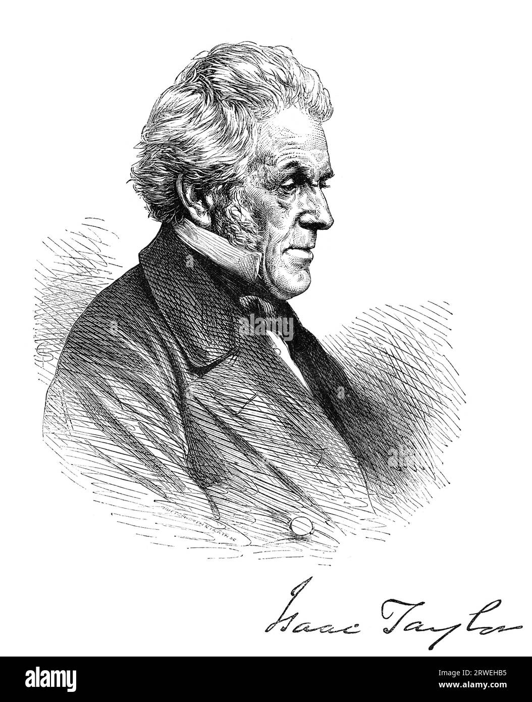 Isaac Taylor (17 August 1787 ? 28 June 1865) was an English philosophical and historical writer, artist, and inventor. Engraving from a magazine Stock Photo